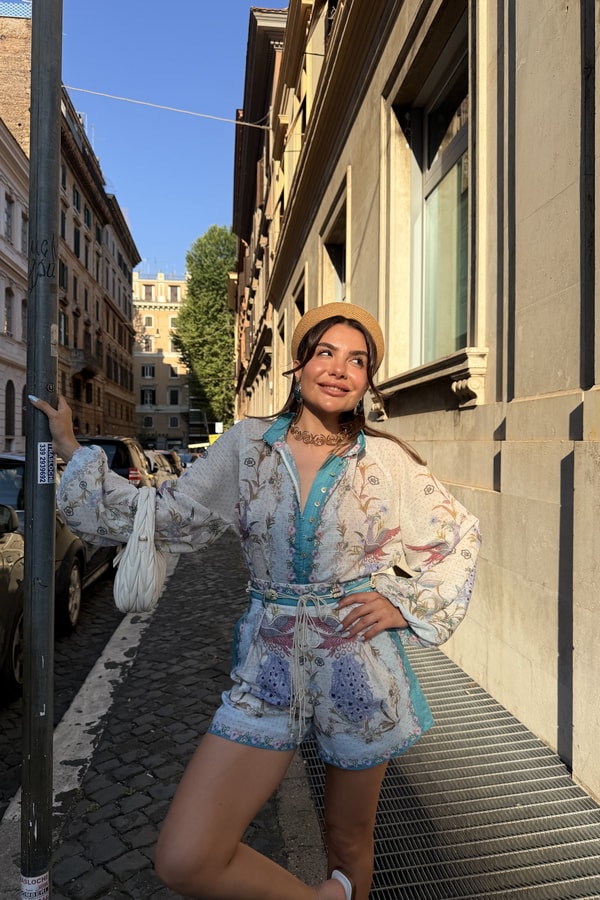 Dolce Mavi Desenli Kuşak Detaylı Şort Takım