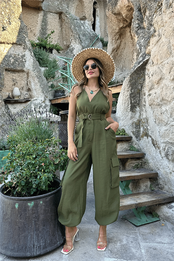 Dora sırt dekolteli asker yeşili tulum