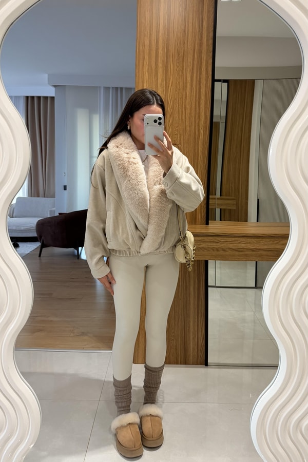Dorin Bej Kürklü Kaşe Ceket