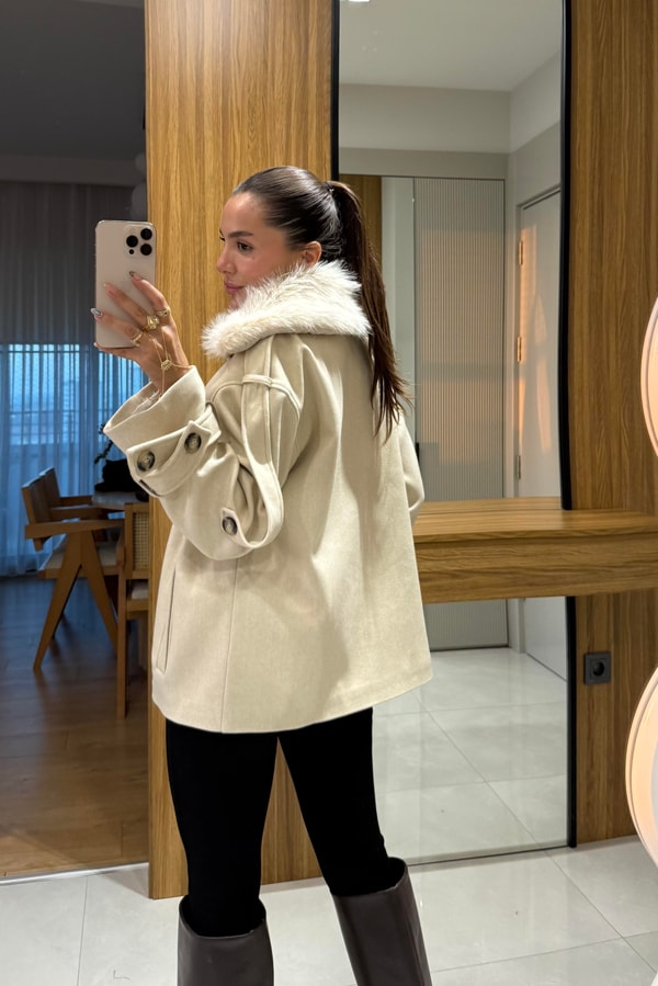 Dragun Krem Kürkü Çıkarılabilen Kaban 