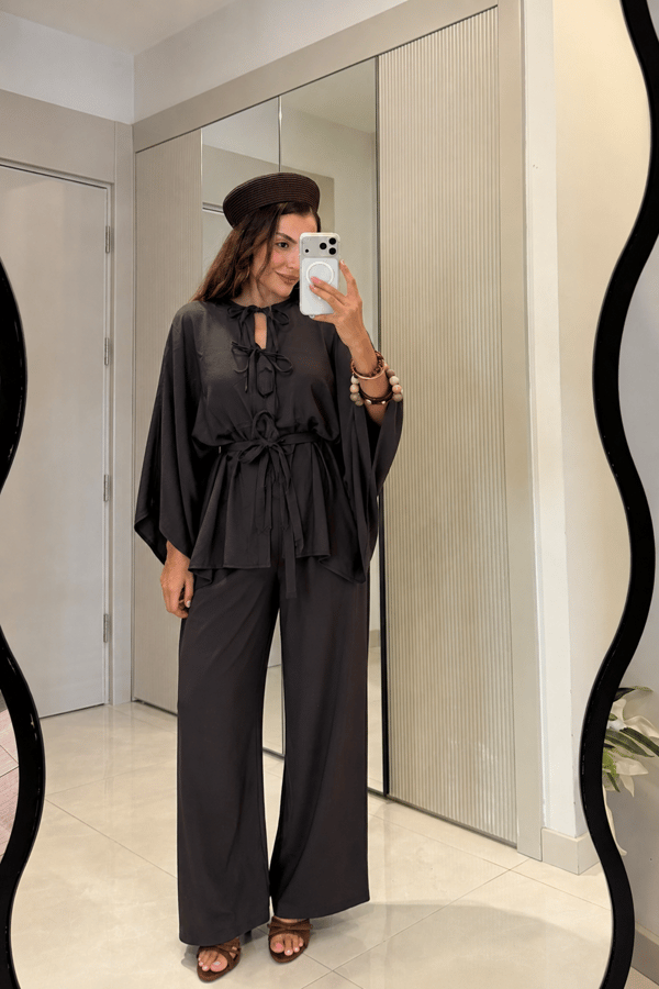 Draving Antrasit Pelerin Kuşaklı Tensel Takım