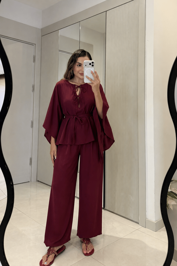 Draving Bordo Pelerin Kuşaklı Tensel Takım