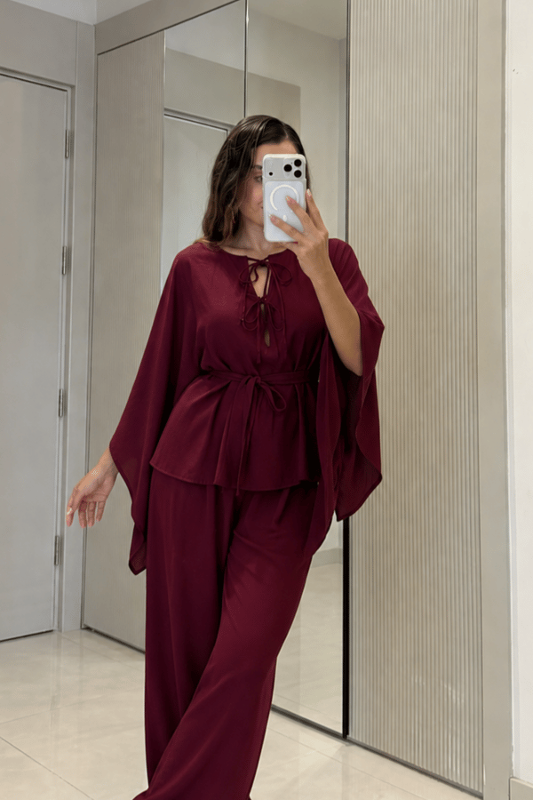 Draving Bordo Pelerin Kuşaklı Tensel Takım