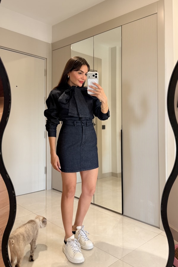 Drawen Denim Fularlı Gömlek Etek Takım