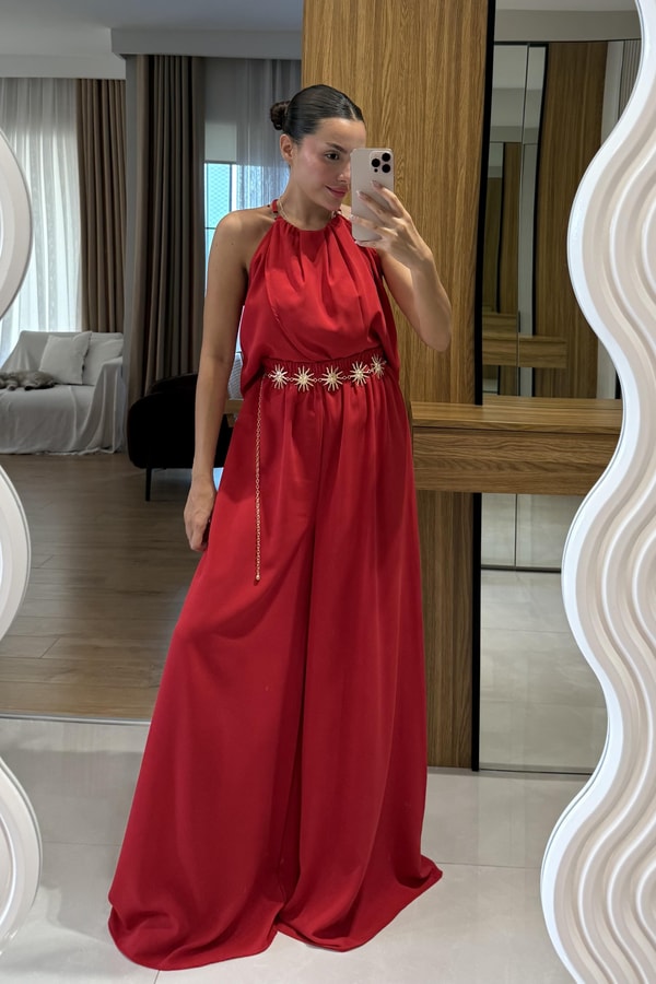 Draya Kırmızı  Boyun Detaylı Pantolonlu Takım