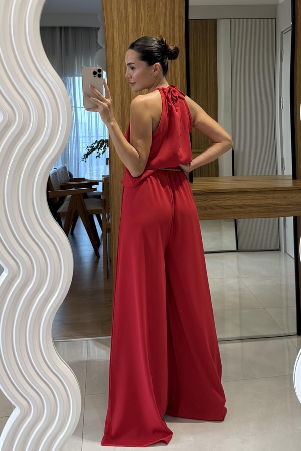 Draya Kırmızı  Boyun Detaylı Pantolonlu Takım