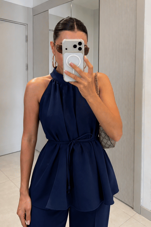 Eliska Lacivert İp Bağlamalı Bluz Pantolon Takım