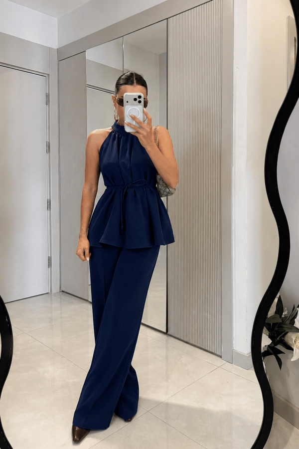 Eliska Lacivert İp Bağlamalı Bluz Pantolon Takım