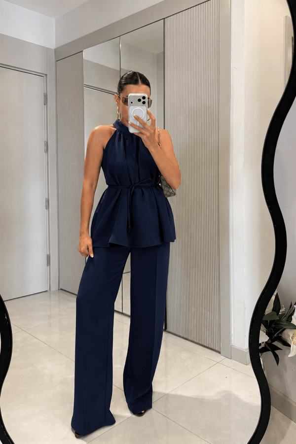 Eliska Lacivert İp Bağlamalı Bluz Pantolon Takım
