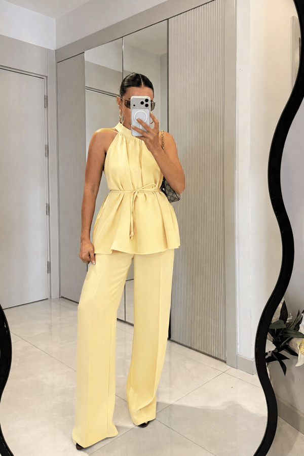 Eliska Sarı İp Bağlamalı Bluz Pantolon Takım