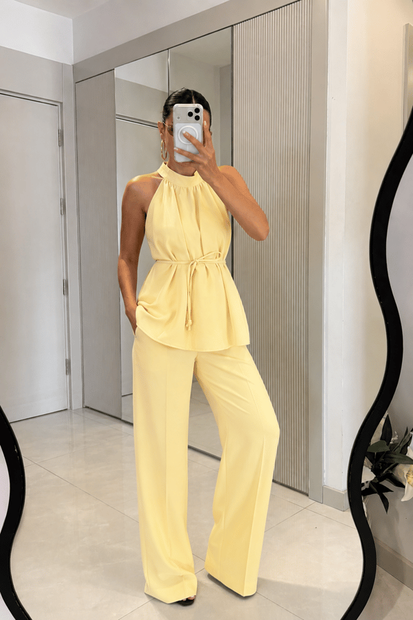 Eliska Sarı İp Bağlamalı Bluz Pantolon Takım