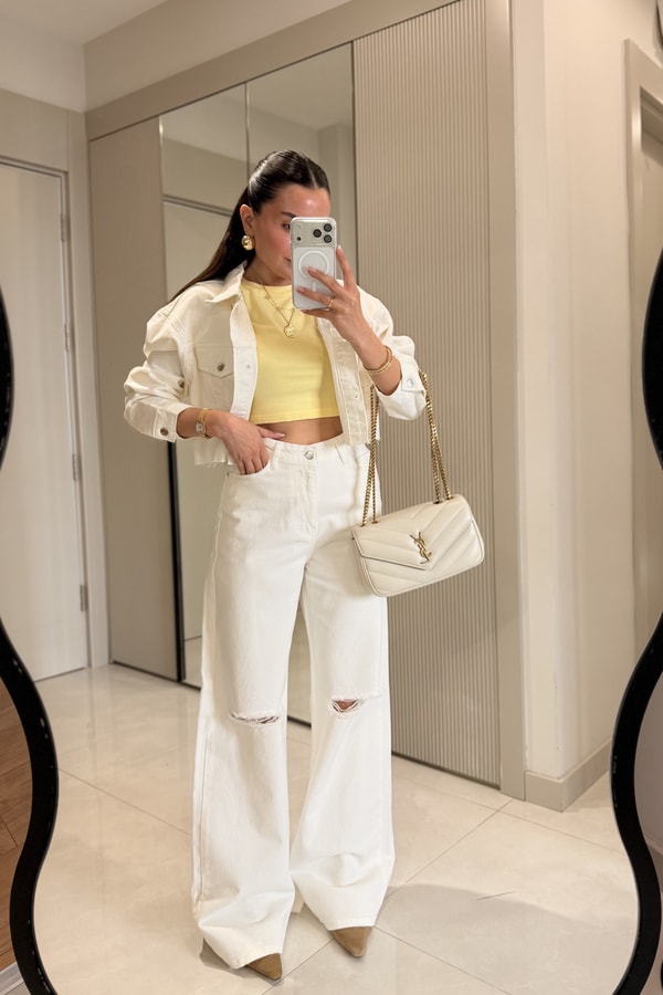 Elix Beyaz Dizi Yırtıklı Wide Leg Jean