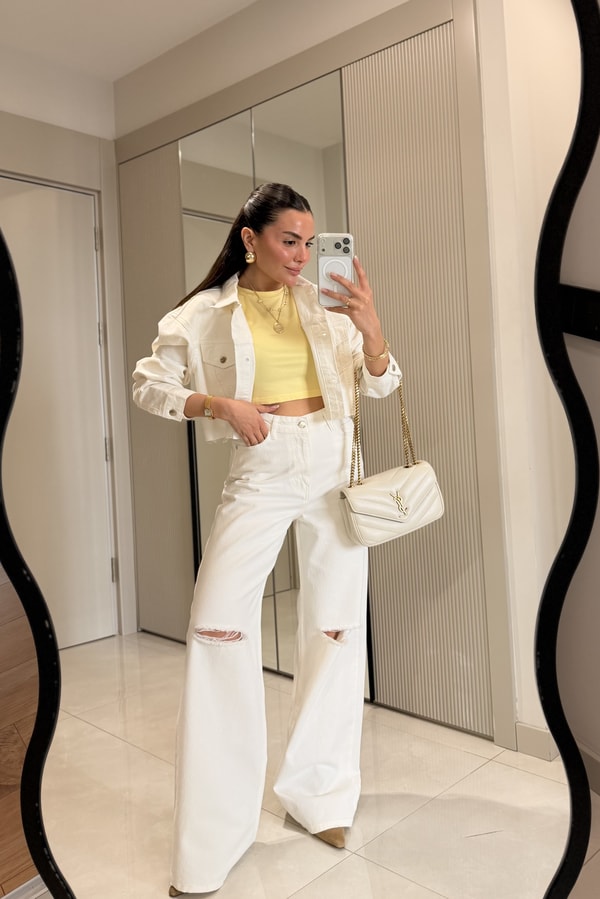 Elix Beyaz Dizi Yırtıklı Wide Leg Jean