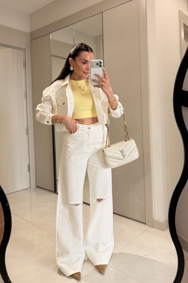 Elix Beyaz Dizi Yırtıklı Wide Leg Jean