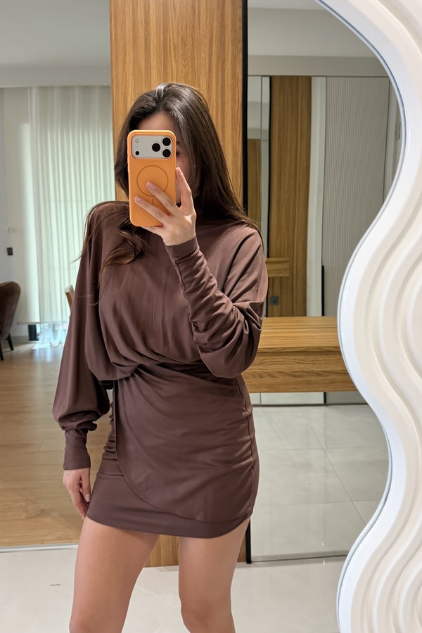 Eliza  Kahve Modal Drapeli Elbise
