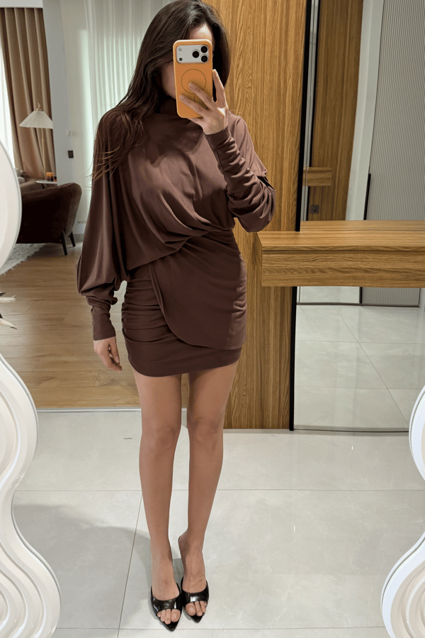 Eliza  Kahve Modal Drapeli Elbise