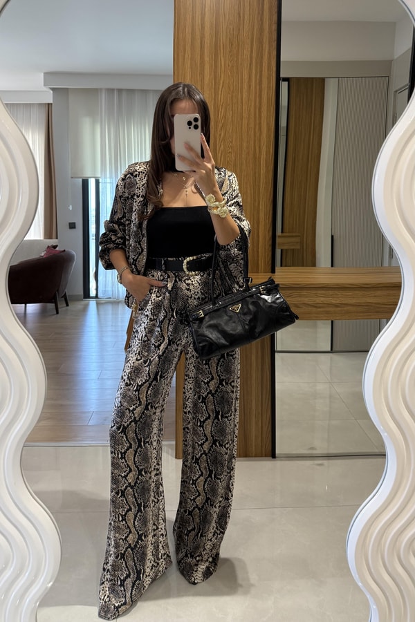 Elizza Piton Desen Saten Kemerli Pantolon