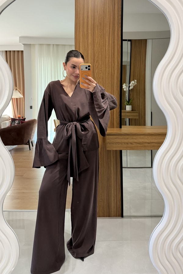 Elsa Kahve Tensel Kuşaklı Takım