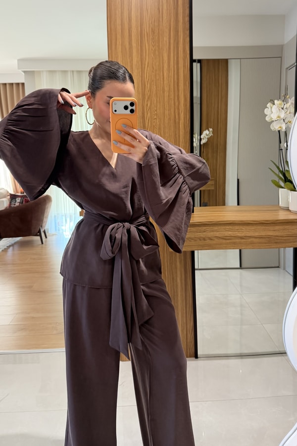 Elsa Kahve Tensel Kuşaklı Takım