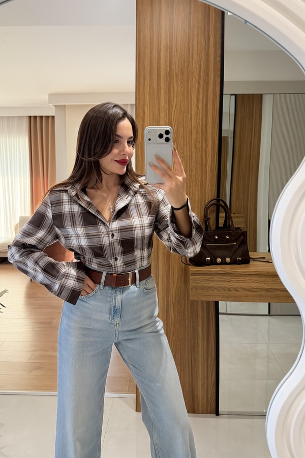 Elsia Kahve Vücuda Oturan Ekose Gömlek