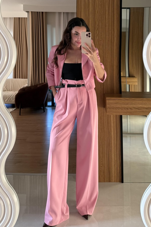 Elvora Pembe Kemerli Palazzo Pantolon