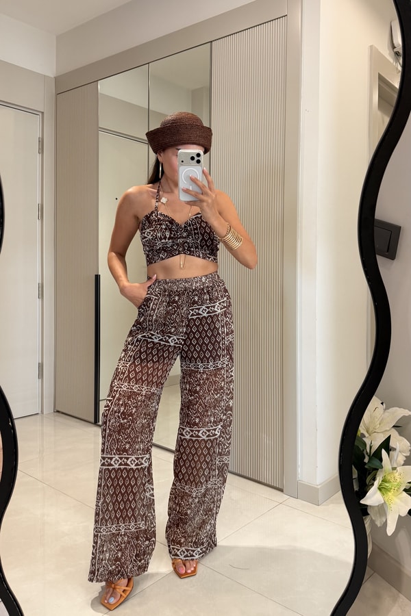 Emilia Kahve Etnik Desenli Askılı Crop Pantolon Takım