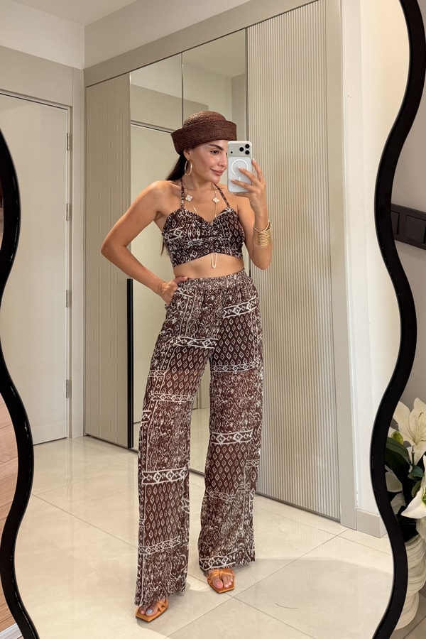 Emilia Kahve Etnik Desenli Askılı Crop Pantolon Takım