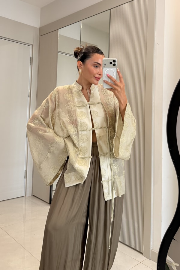 Emma Haki İp Bağcıklı Brodeli Kimono Gömlek