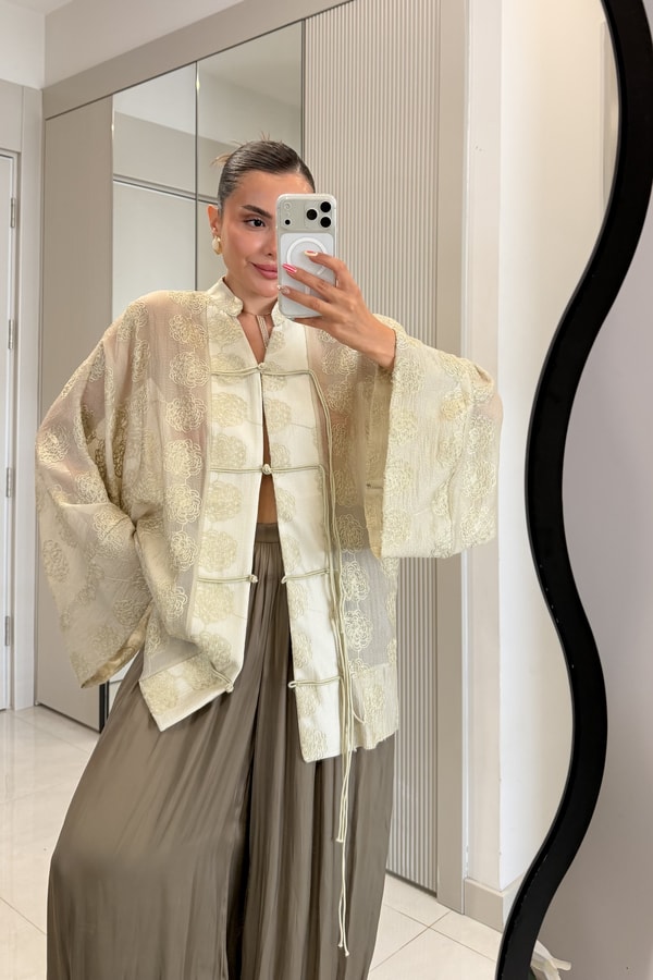 Emma Haki İp Bağcıklı Brodeli Kimono Gömlek