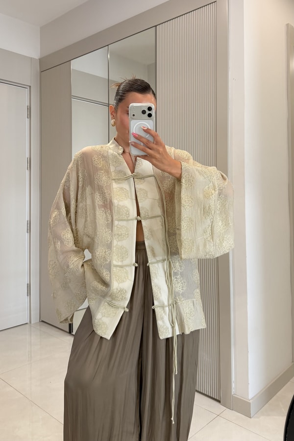 Emma Haki İp Bağcıklı Brodeli Kimono Gömlek