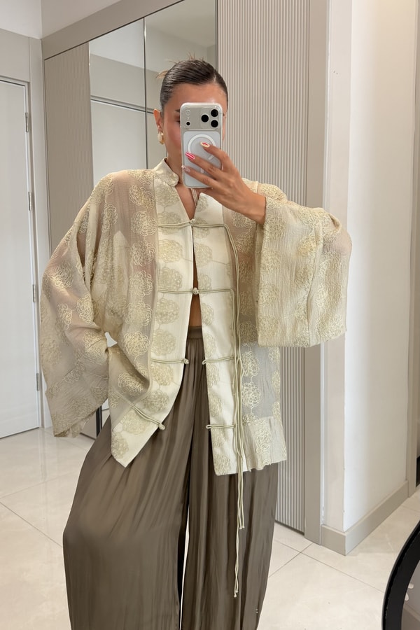 Emma Haki İp Bağcıklı Brodeli Kimono Gömlek