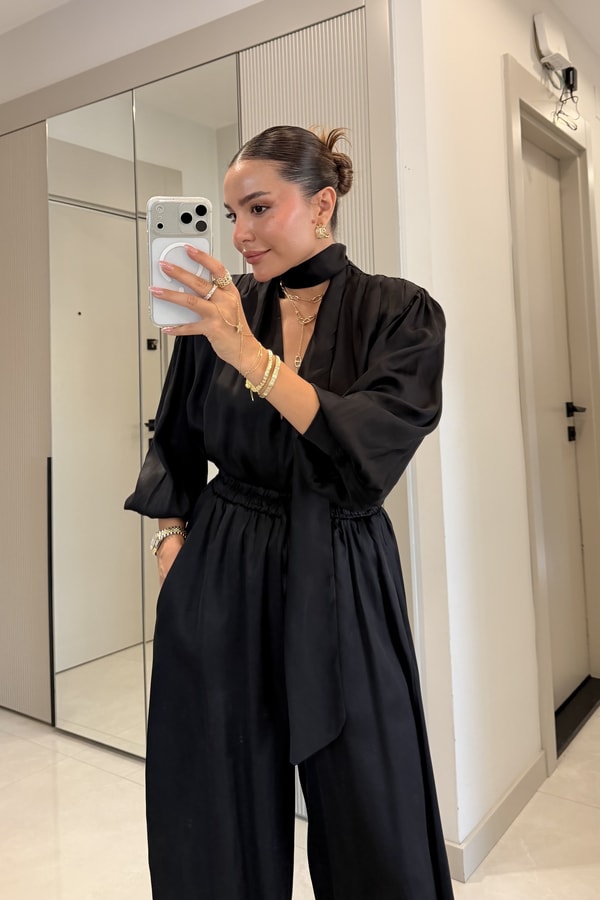 Ernest Siyah Şal Detaylı Bluz Pantolon Takım