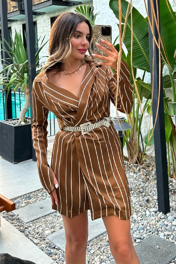Essence çizgili saten blazer ceket - Kahve