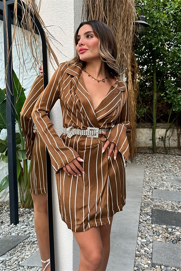 Essence çizgili saten blazer ceket - Kahve