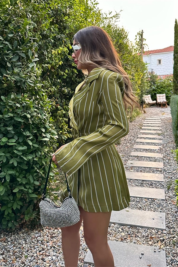 Essence çizgili saten blazer ceket - Yağ yeşil