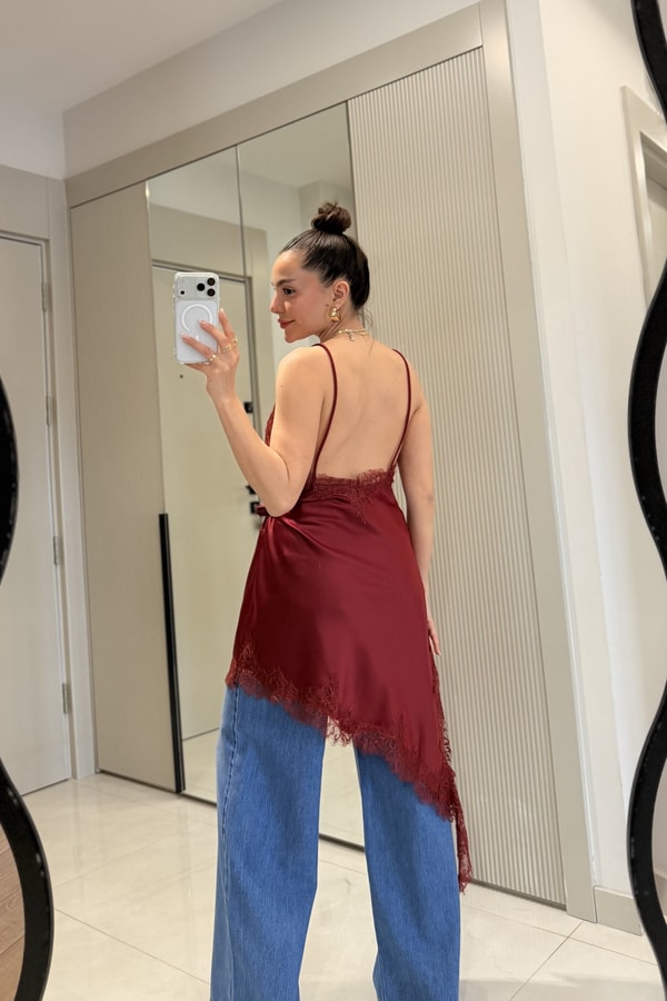 Esteria Bordo Dantelli Saten Bluz