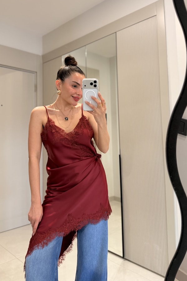 Esteria Bordo Dantelli Saten Bluz