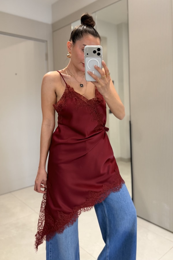Esteria Bordo Dantelli Saten Bluz