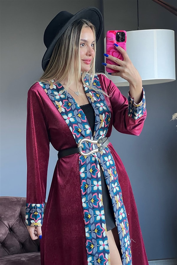 Etnik desenli simli bordo kimono