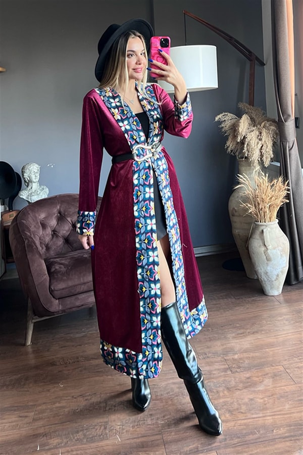 Etnik desenli simli bordo kimono