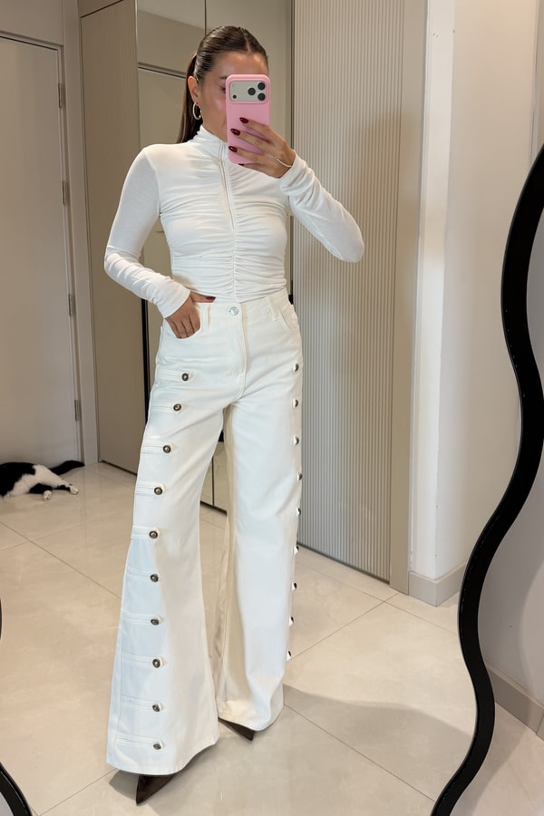Evelyn Beyaz Apoletli Palazzo Pantolon