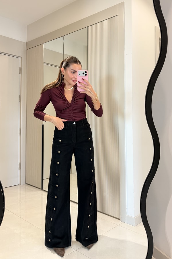 Evelyn Siyah Apoletli Palazzo Pantolon
