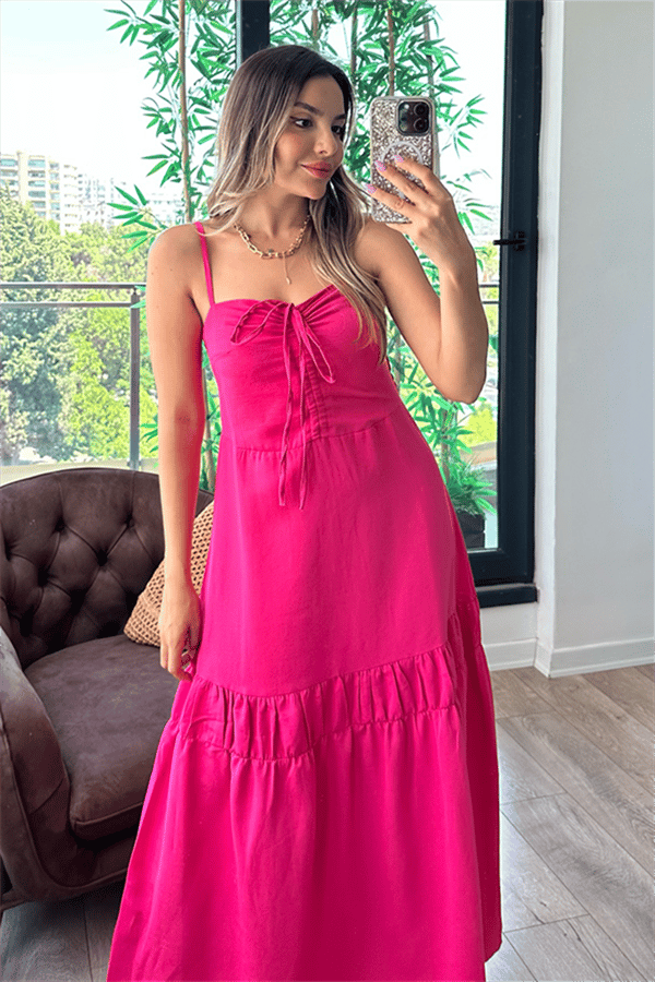 Fanny önü büzgülü pembe keten elbise