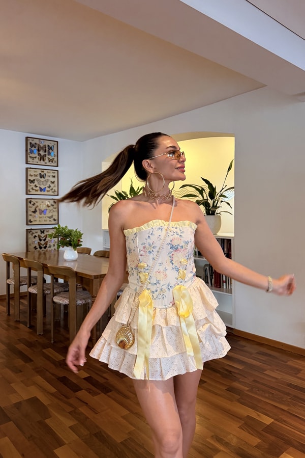 Faralya Sarı Desenli Vintage Korse Büstiyer