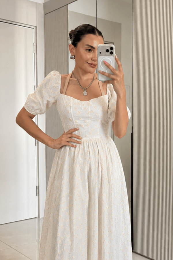 Farica Ekru Balon Kol Maxi Elbise
