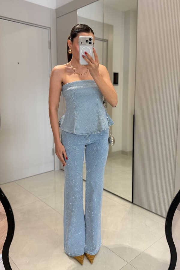 Fayra Lightblue Taşlı Denim Takım