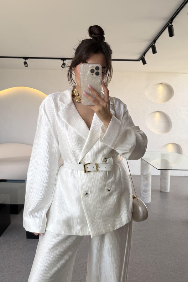 Federica Beyaz Kırışık Kumaş Premium Blazer