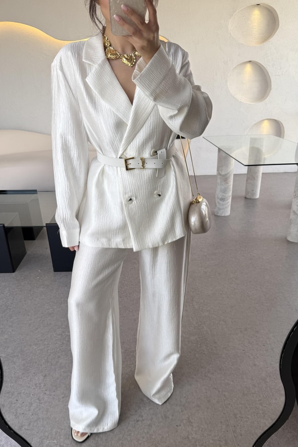 Federica Beyaz Kırışık Kumaş Premium Blazer