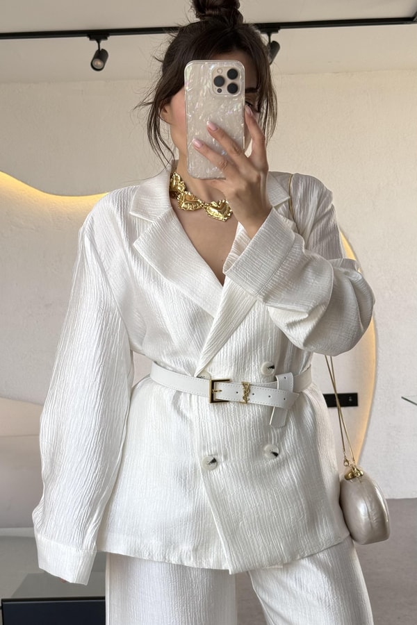 Federica Beyaz Kırışık Kumaş Premium Blazer