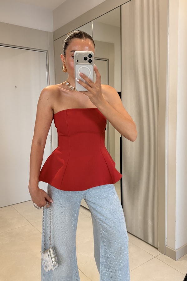 Federica Kırmızı Straplez Peplum Büstiyer